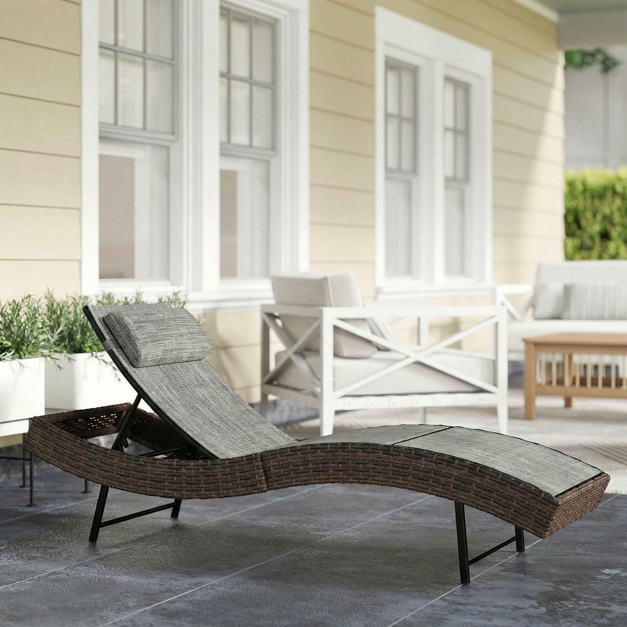 Outsunny S-Shaped Rattan Garden Sun Lounger with 5-Position Cushion, 60x198x44cm, Brown
