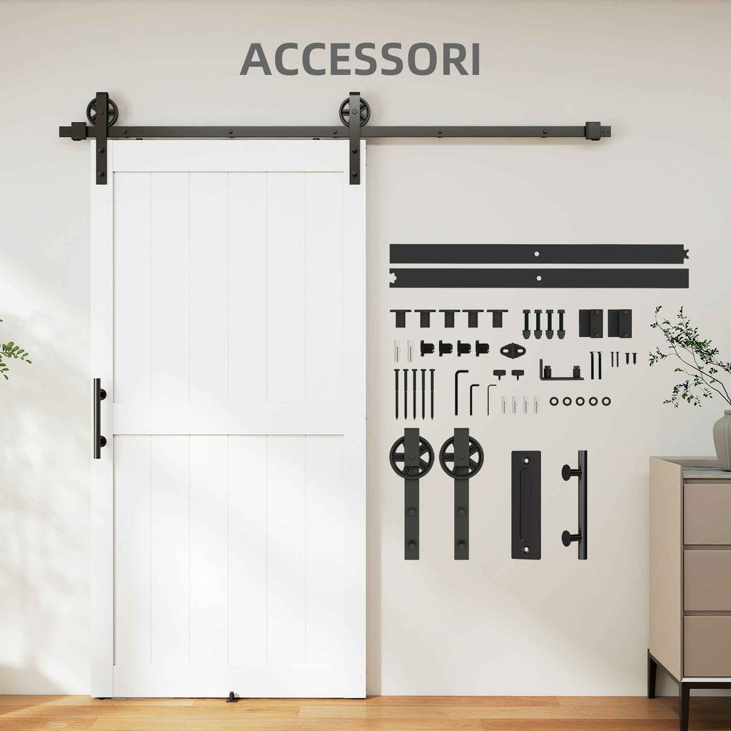 HOMCOM Country Style Sliding Door with Track and Handle in Wood and Steel, 106.6x213.4 cm, Black and White