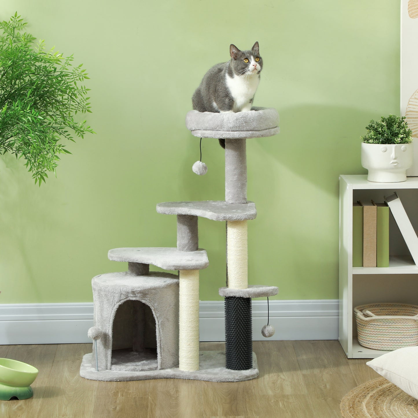 Cat Tree with Playhouse, Bed and Balls, Chipboard, Sisal and Plush, 60x39x87 cm, Light Grey and Cream