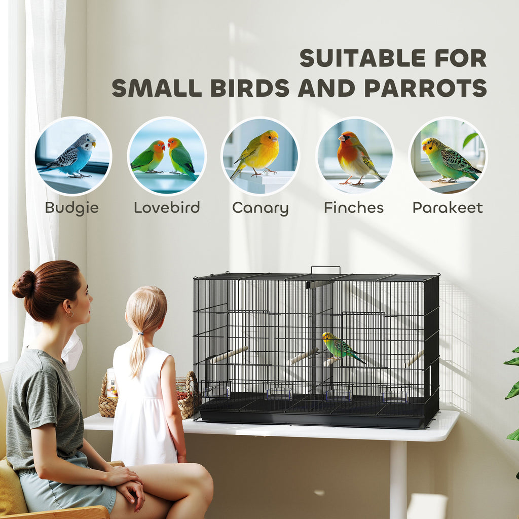 Bird Cage with Divider and Lower Storage Shelf, in Steel and PP, 94x57x57 cm, Black