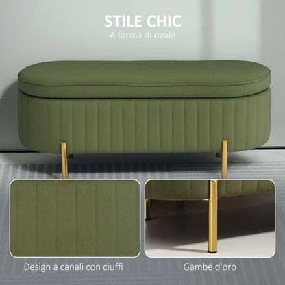 Oval Storage Bench 72L with Lift-Up Lid, Velvet and Wood Effect Fabric, 108x44x43.5 cm, Green