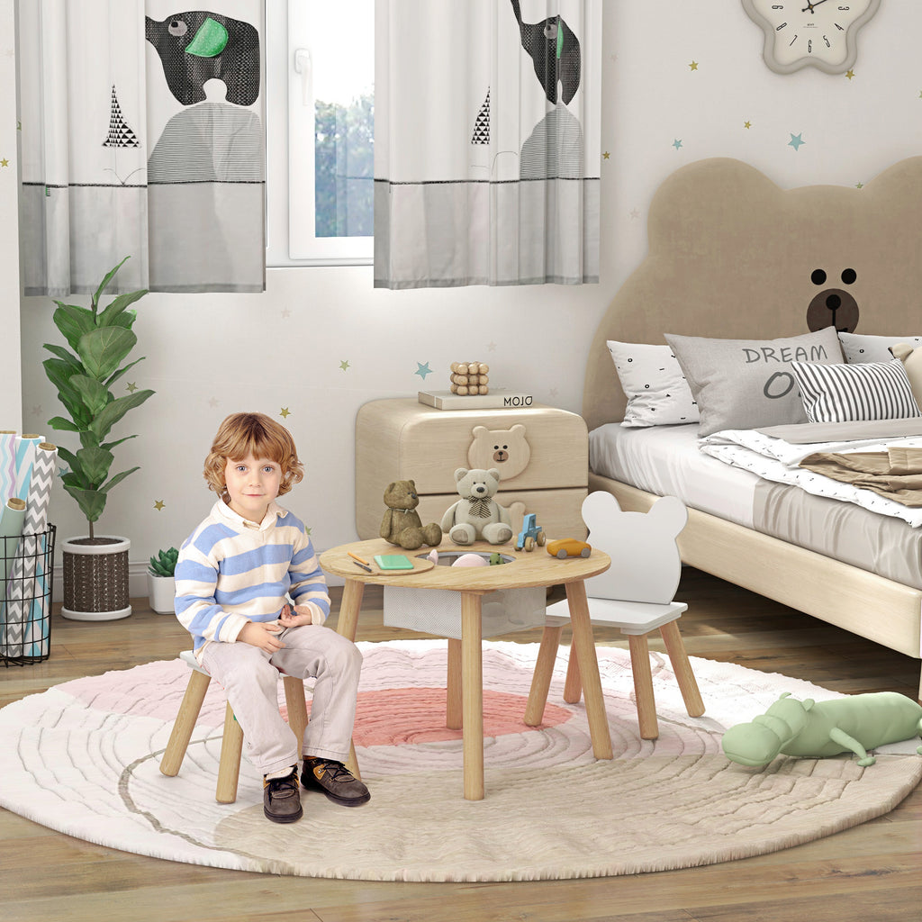 Children's Table and 2 Chairs Set with Teddy Backrest, Coffee Table with Storage, White and Wood
