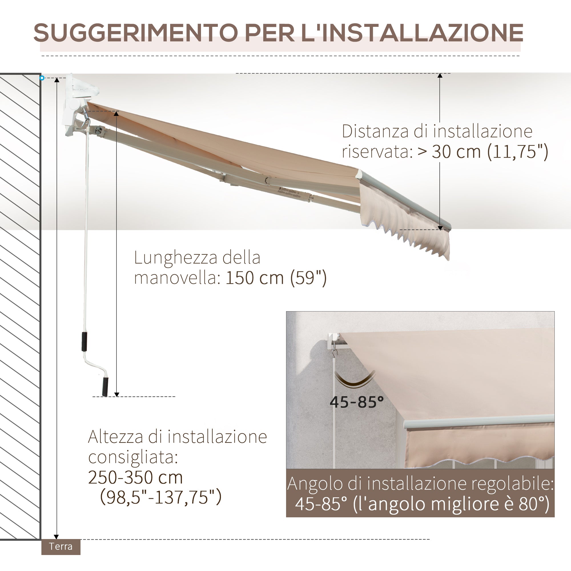 Outdoor Awning with Roller Arms and Crank Opening, 295x200 cm, Beige - Borgè