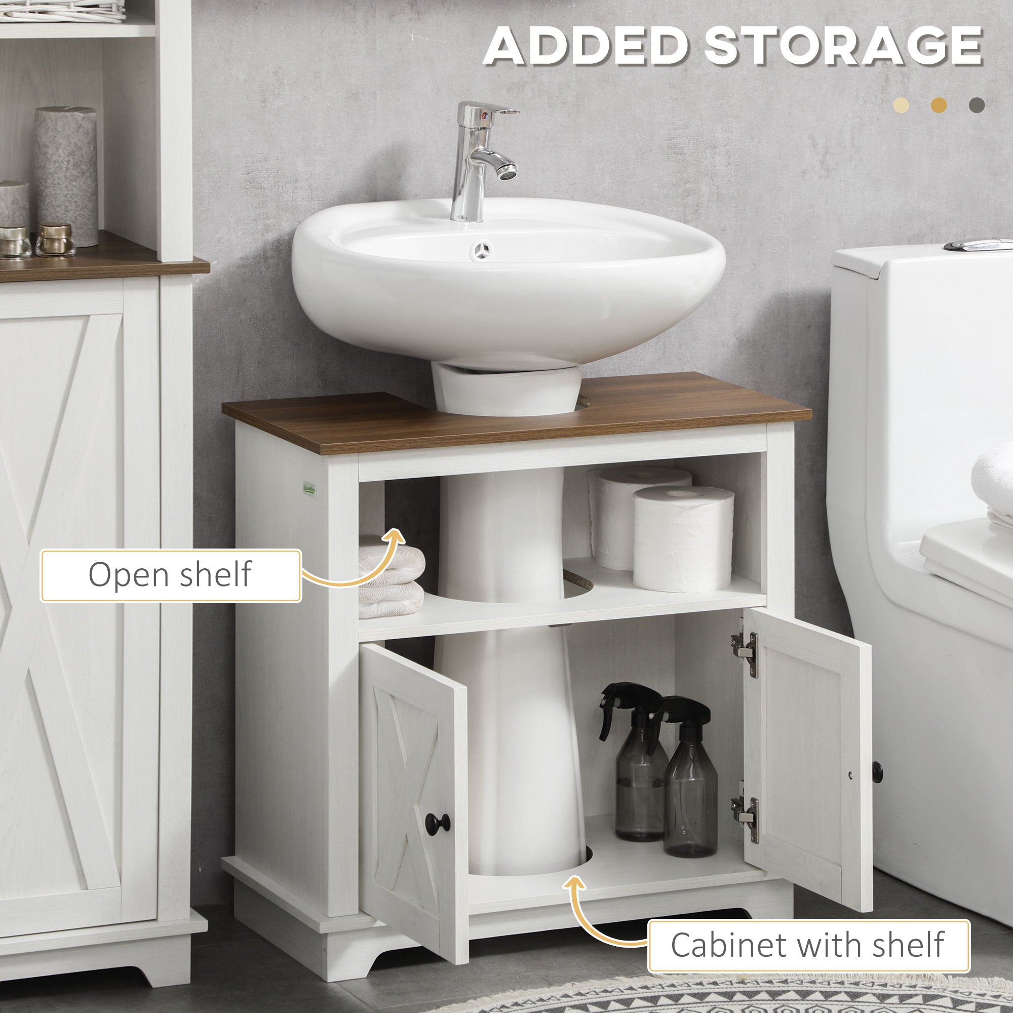 kleankin Bathroom Cabinet Under Sink with 2-Door Cabinet and Open Shelf, Chipboard, 60x30x60 cm - Borgè