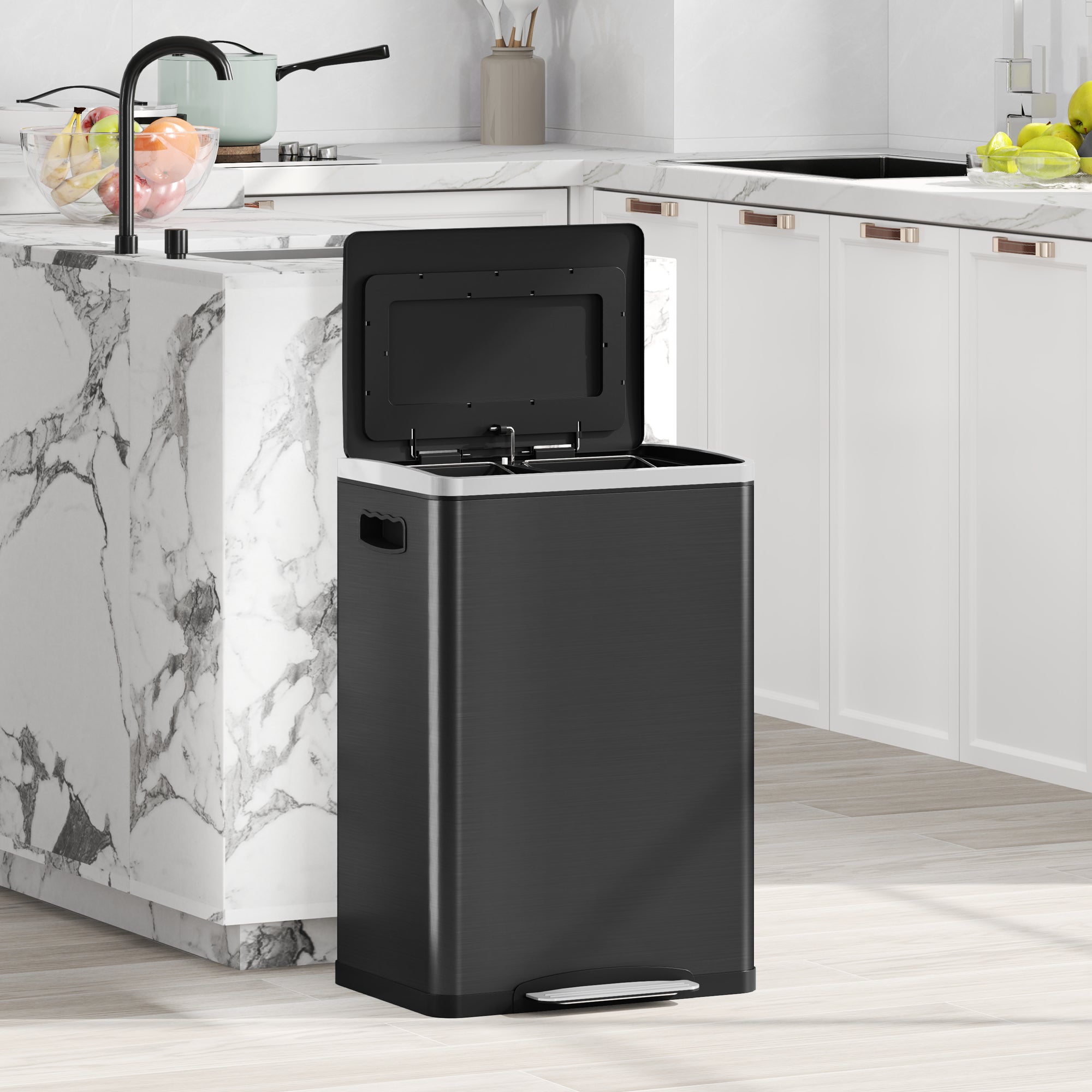 20L 2-Section Garbage Can with Silent Lid, Stainless Steel and PP, 40x34.8x59 cm, Black