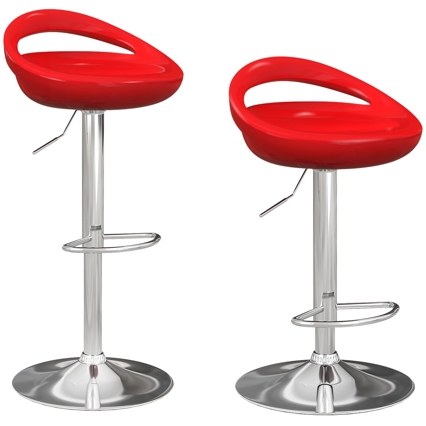 Set of 2 Swivel Bar Stools with Footrest, Adjustable Height, Steel Base, ABS Seat, Red