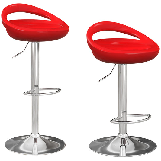 Set of 2 Swivel Bar Stools with Footrest, Adjustable Height, Steel Base, ABS Seat, Red