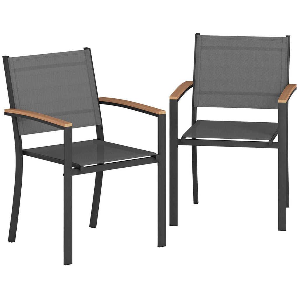 Outsunny Set of 2 Garden Chairs in Texteline and Metal with Wood Effect Armrests, 56x62x89 cm, Grey
