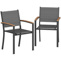 Outsunny Set of 2 Garden Chairs in Texteline and Metal with Wood Effect Armrests, 56x62x89 cm, Grey