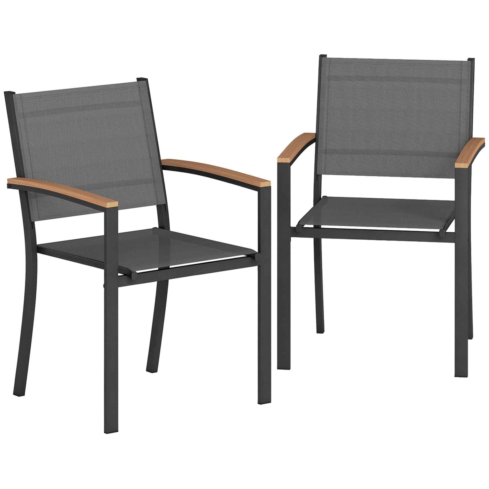 Outsunny Set of 2 Garden Chairs in Texteline and Metal with Wood Effect Armrests, 56x62x89 cm, Grey