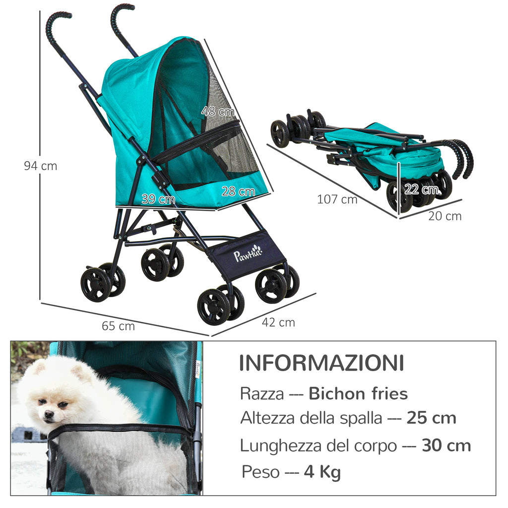 Folding Dog Stroller for Small Dogs, Swivel Wheels with EVA Brake and Safety Leash, 65x42x94cm Green