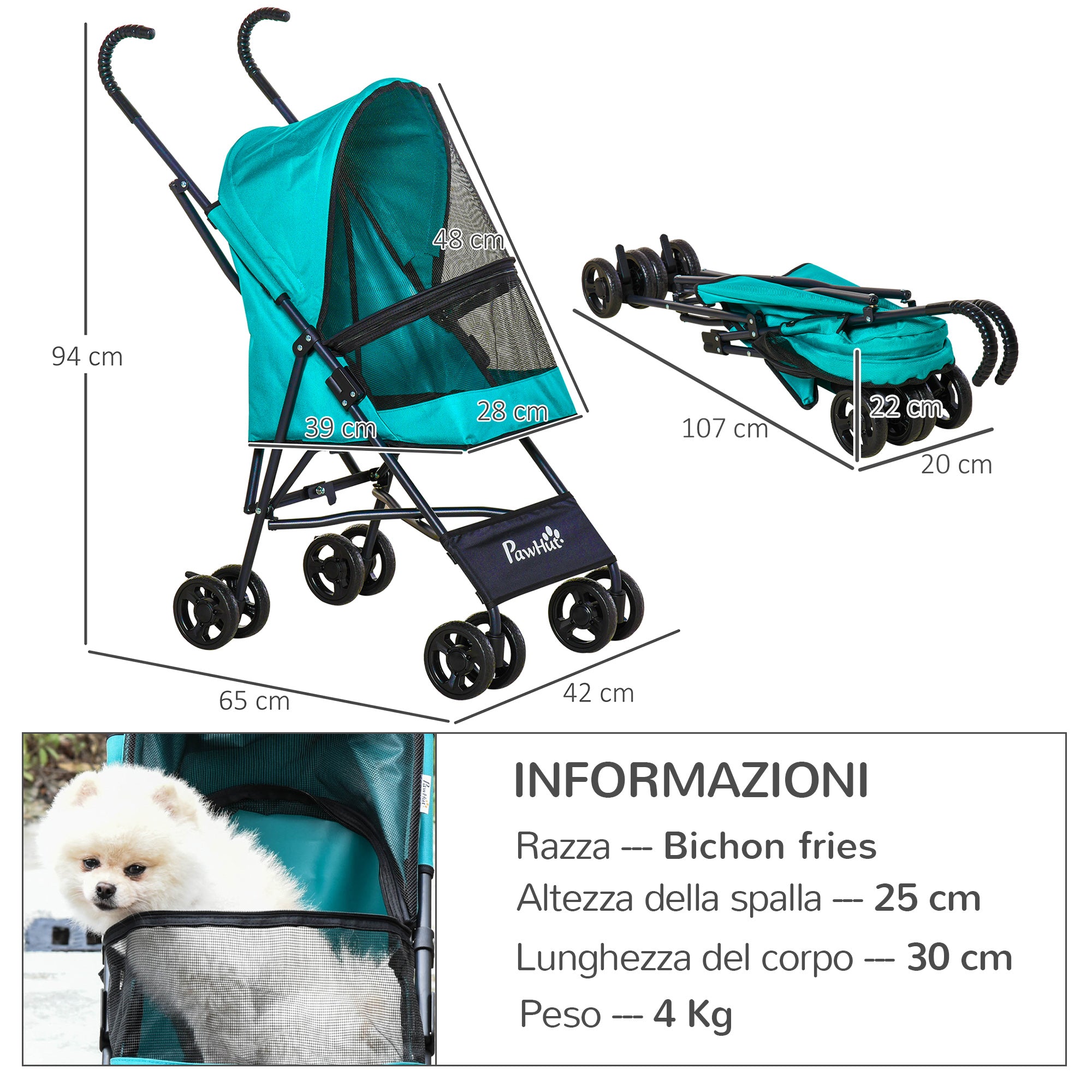 Folding Dog Stroller for Small Dogs, Swivel Wheels with EVA Brake and Safety Leash, 65x42x94cm Green