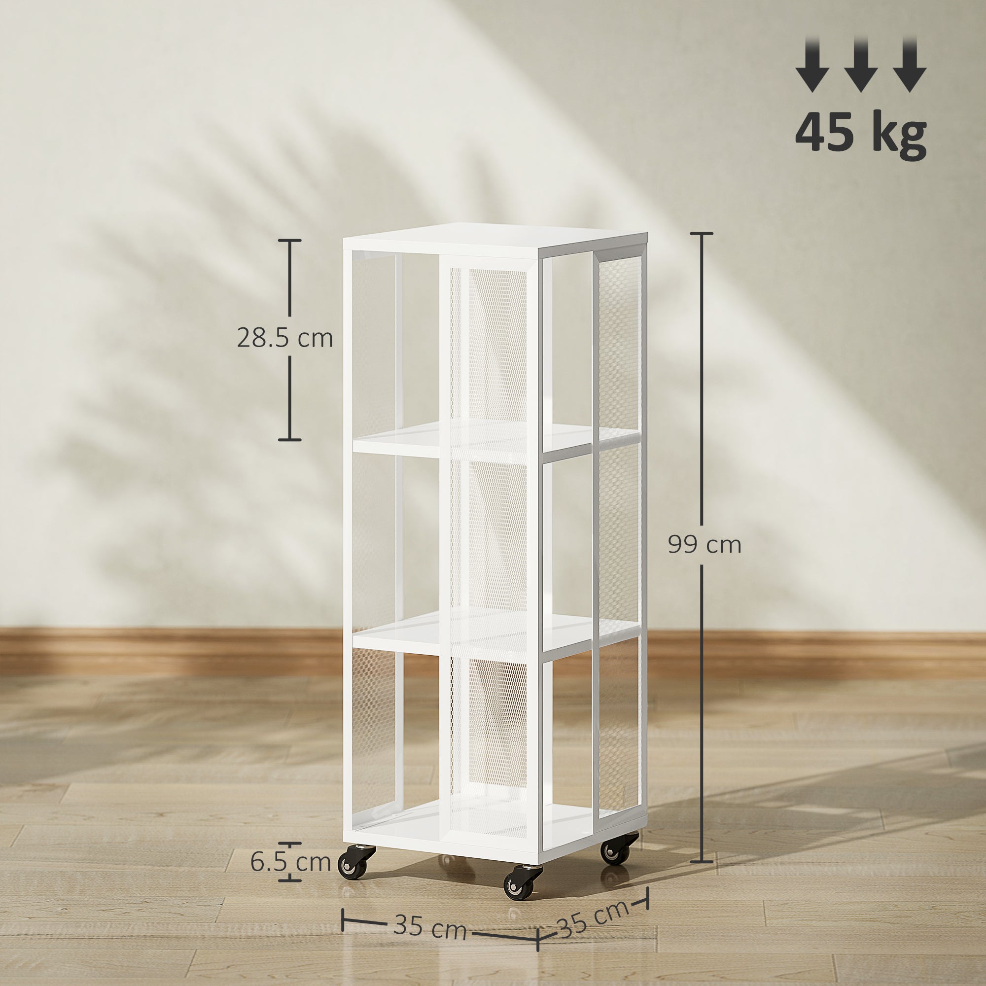 Modern 3-Tier Metal Mesh Bookcase with Wheels, 35x35x99cm, White
