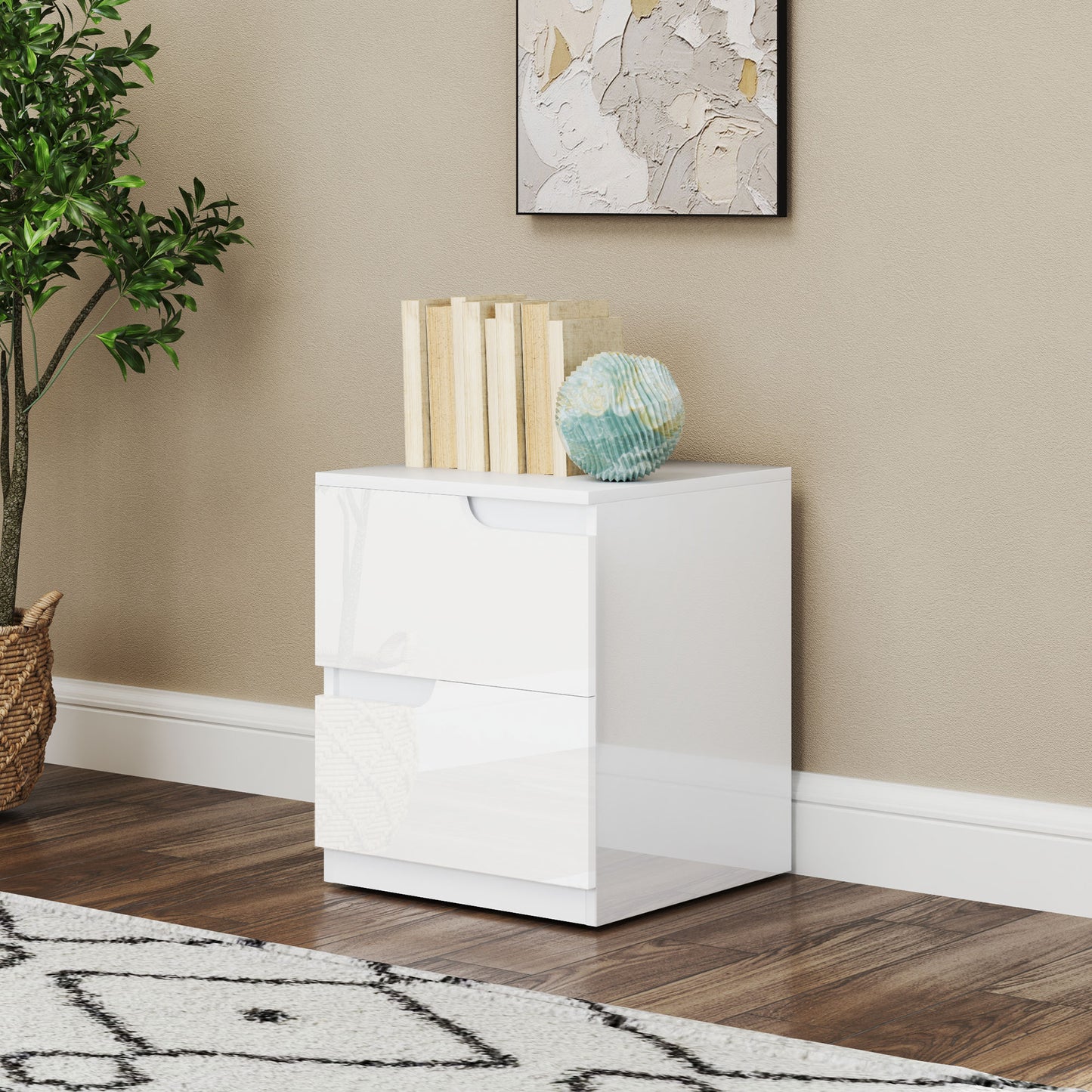 Modern Wooden Bedside Table with 2 Drawers and Glossy Design, 40x40x48 cm, White