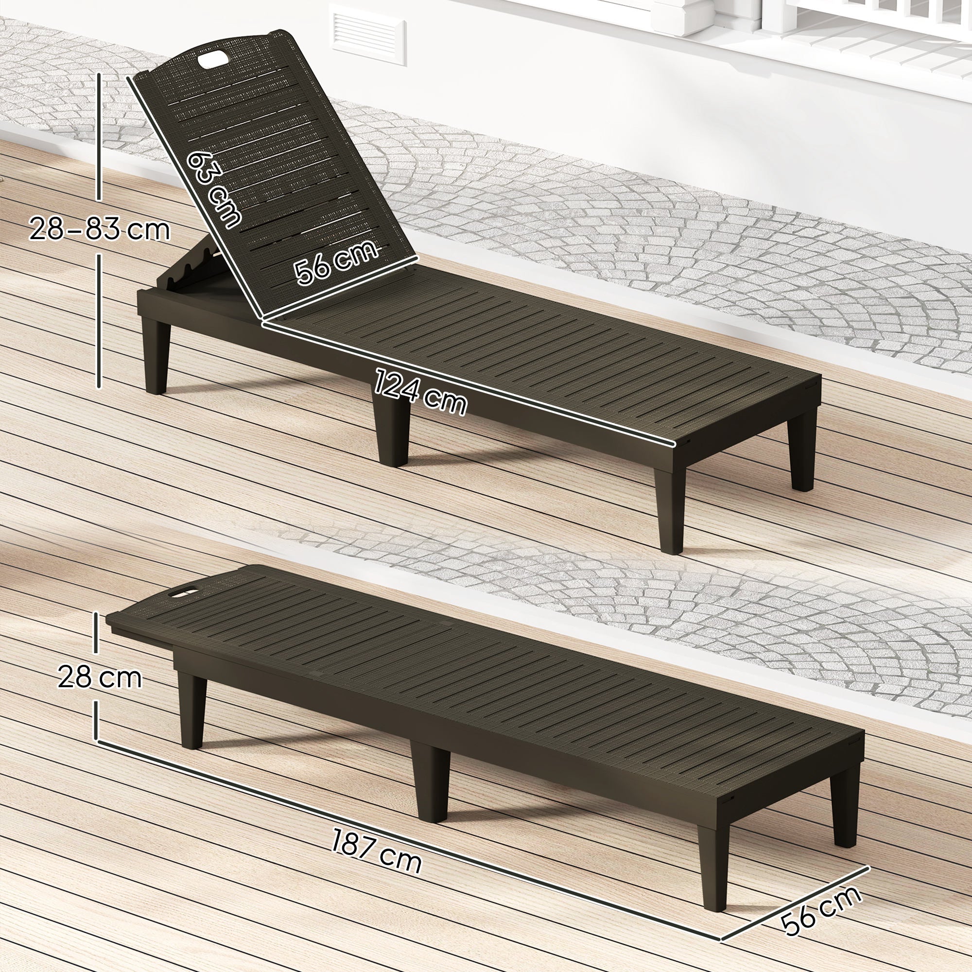 Set of 2 Sun Loungers with Adjustable Backrest in 4 Positions Rattan Slatted Effect, Black