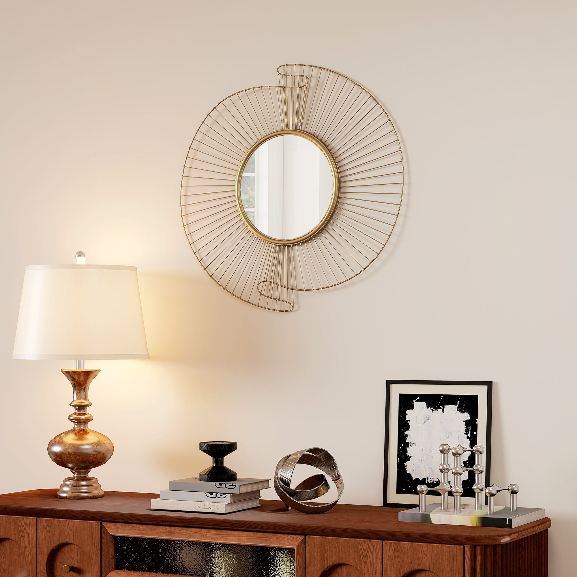 HOMCOM Round Wall Mirror with Metal Stripes and Pleated Design, 60x60 cm, Gold