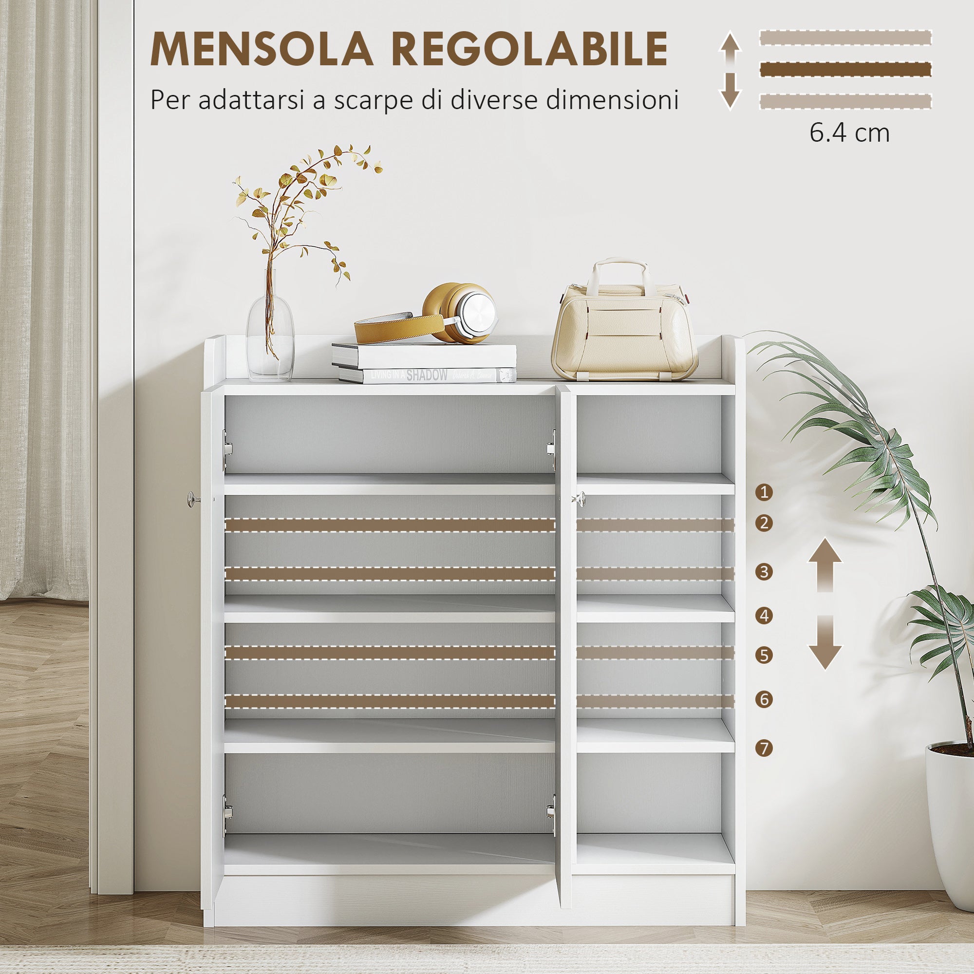 Shoe Rack with 4 Open Shelves, Multipurpose Shoe Cabinet with 2 Doors and Adjustable Shelves, Space-Saving Shoe Storage for 12 Pairs, 83x30x90 cm, White