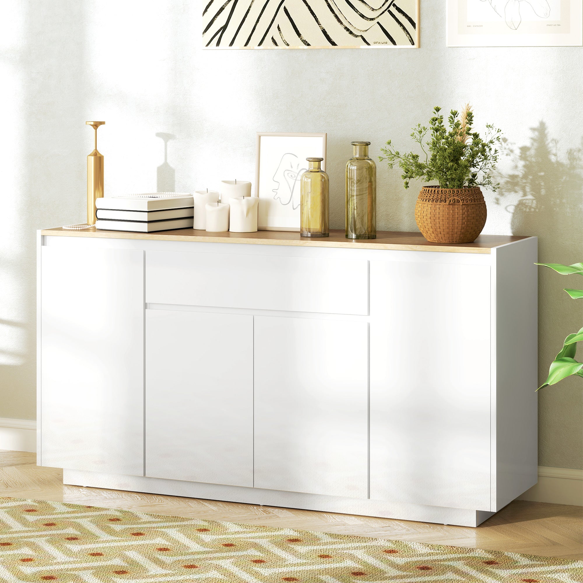 Modern Kitchen Sideboard with Drawer and 3 Cabinets with Adjustable Shelves, 140x40x75 cm, White