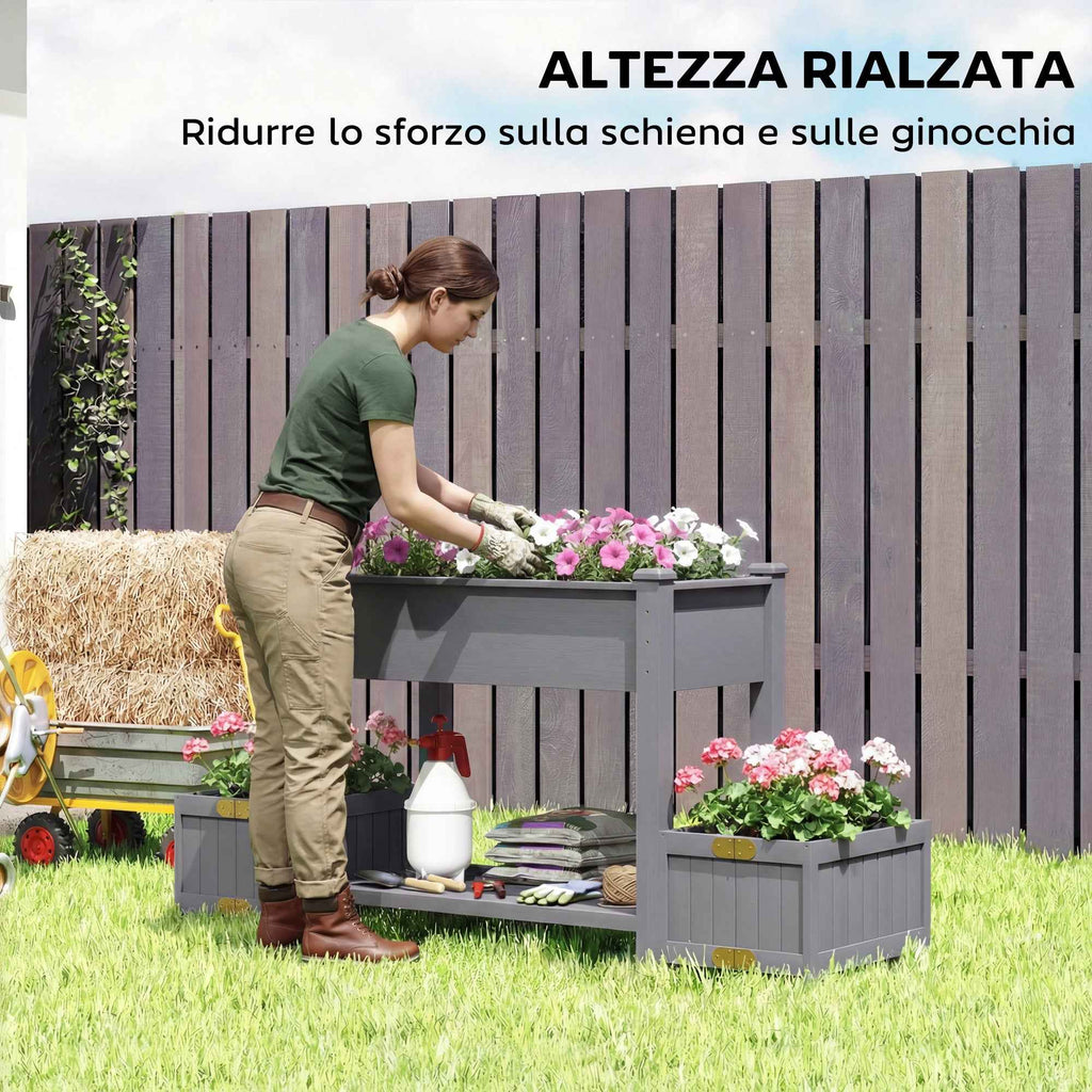 Outsunny Raised Planter with 2 Side Pots and Tool Shelf, in Fir Wood, 149x46x76 cm, Grey