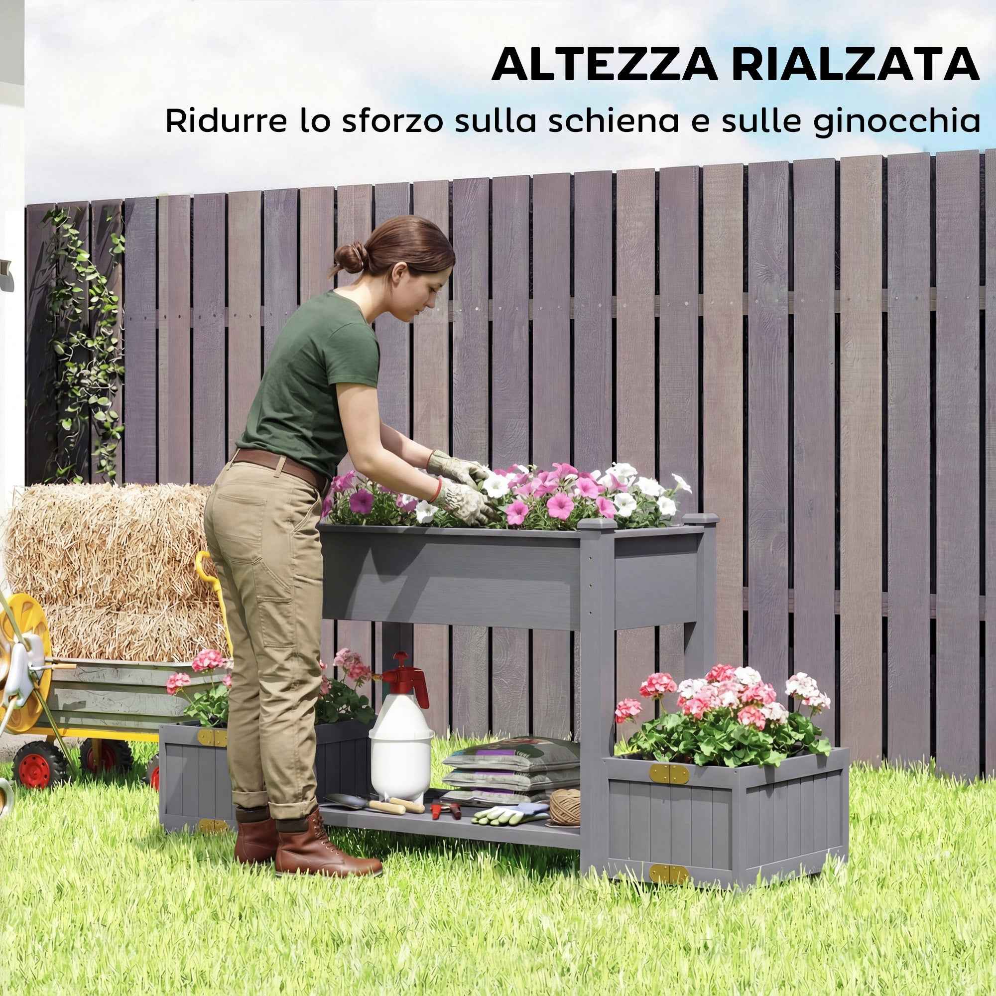 Outsunny Raised Planter with 2 Side Pots and Tool Shelf, in Fir Wood, 149x46x76 cm, Grey