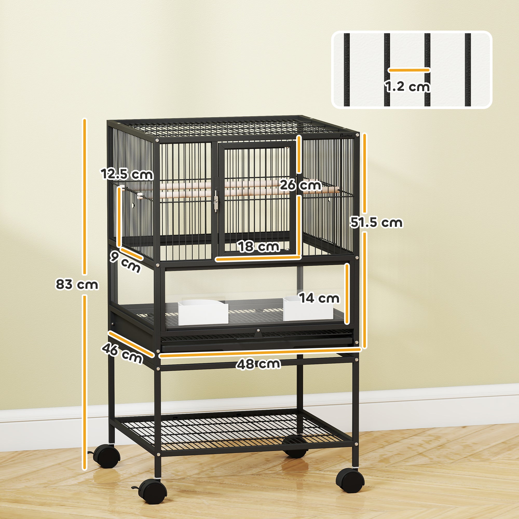 Bird Cage with Bottom Shelf, Removable Tray and Grid, Steel and PP, 48x46x83 cm, Black