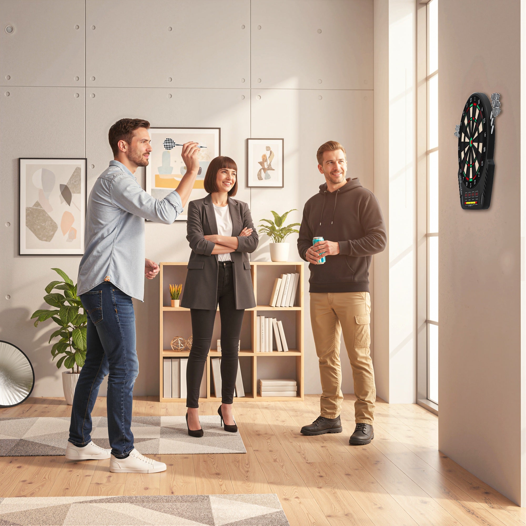 HOMCOM Dartboard with 6 Darts, Power Supply, 4 LED Displays and 27 Games, Made of ABS and PP, 44x51.5x3.2 cm, Black