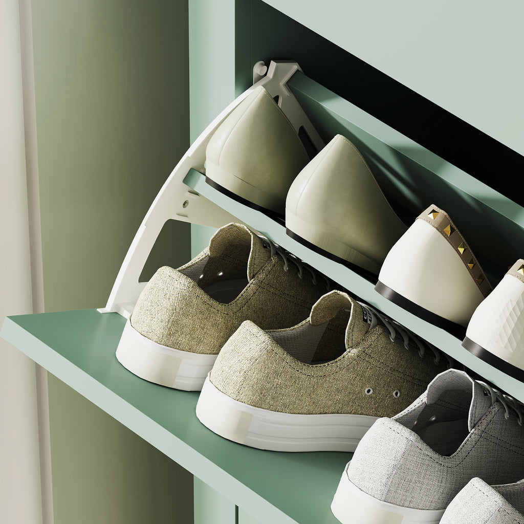 Slim Shoe Rack 2 Drawers for 14 Pairs of Shoes Size EU44 and Adjustable Shelves, 80x24x95.5cm, Green