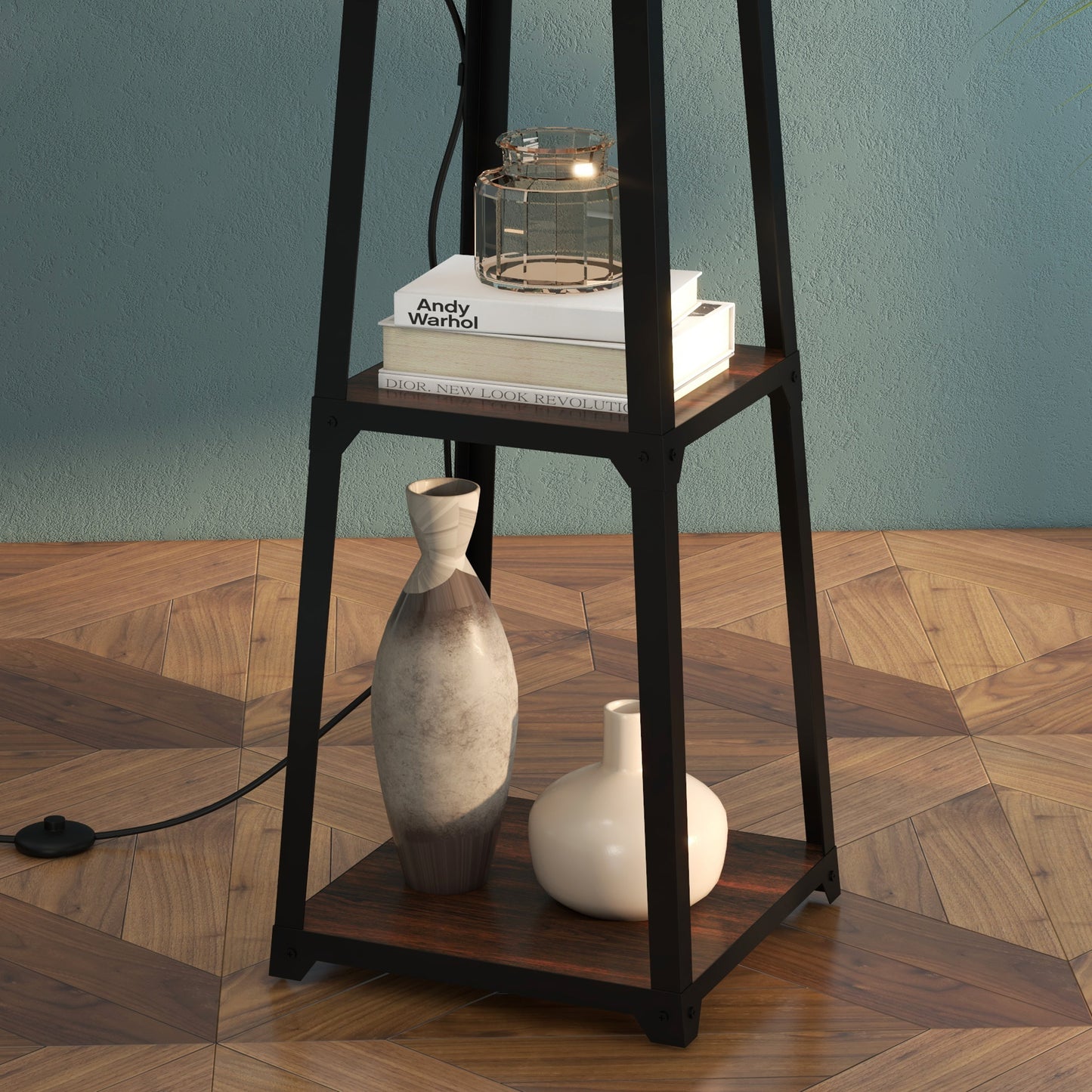 Floor Lamp in Metal and MDF with 3 Shelves with Fabric Lampshade, Ø42x166 cm, Black and Beige