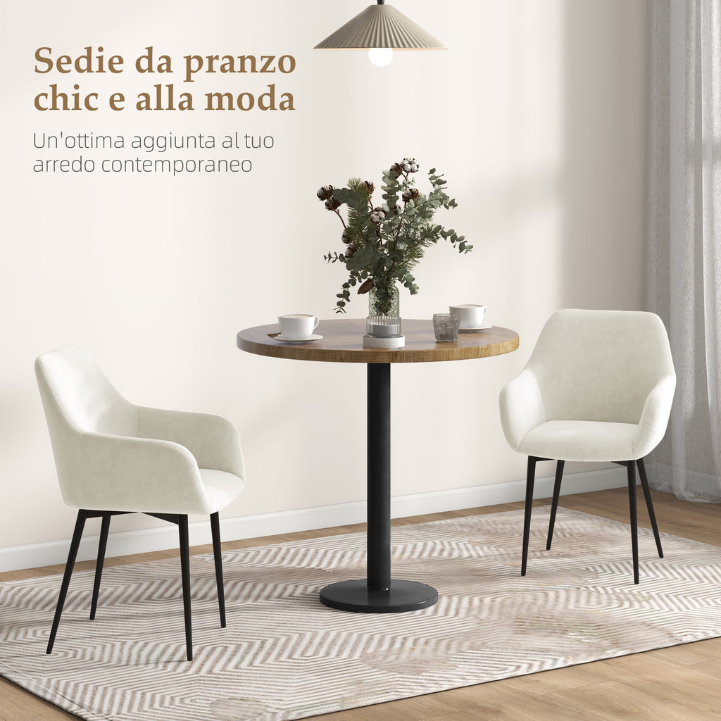 Set of 2 Nordic Dining Chairs Padded with Curved Armrests in Velvet Effect Fabric, 54x57x80 cm, Cream