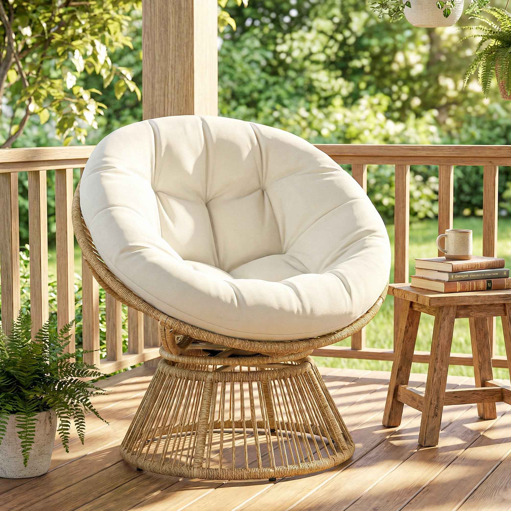 Outsunny Papasan Rattan 360° Moon Chair with Cushion Indoor/Outdoor, Cream White