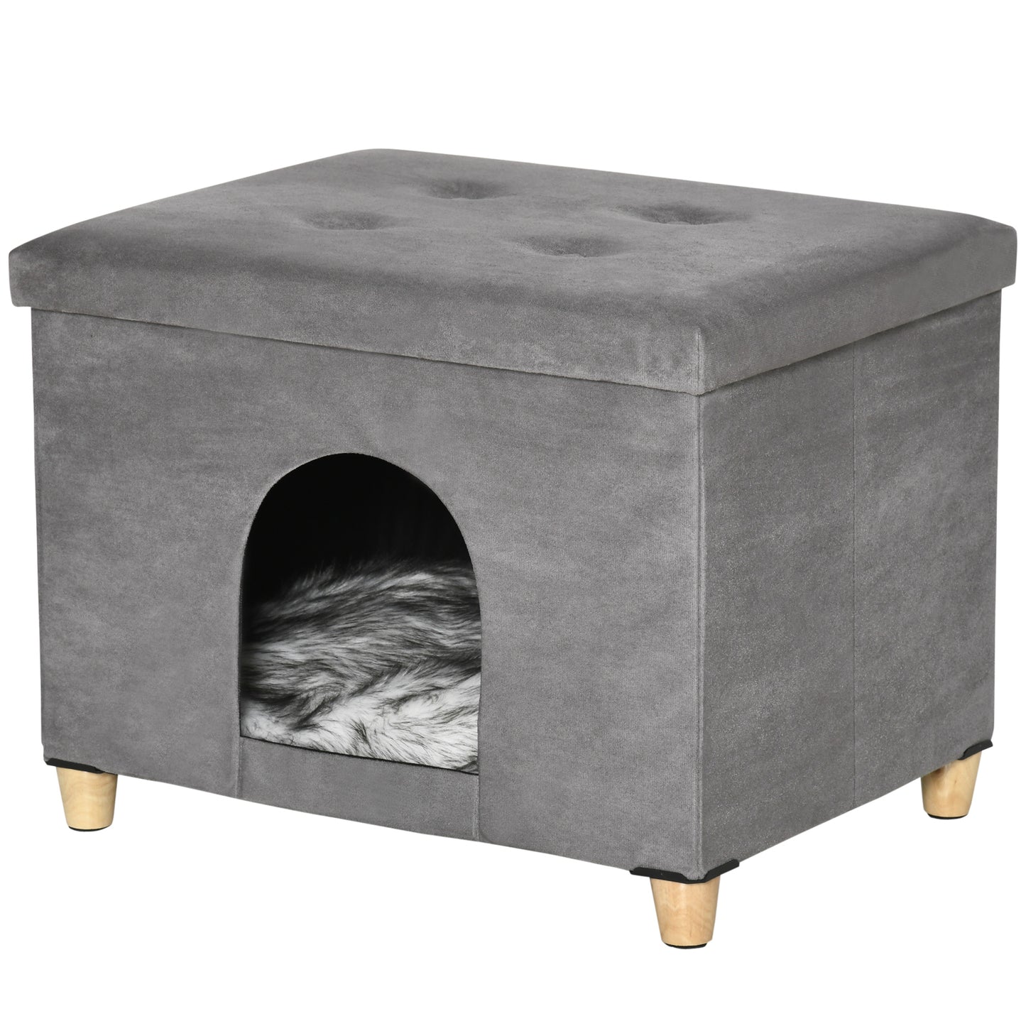 PawHut Cat House Pouf Padded Footstool with Removable and Washable Cushion, Gray