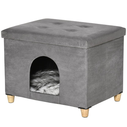 PawHut Cat House Pouf Padded Footstool with Removable and Washable Cushion, Gray