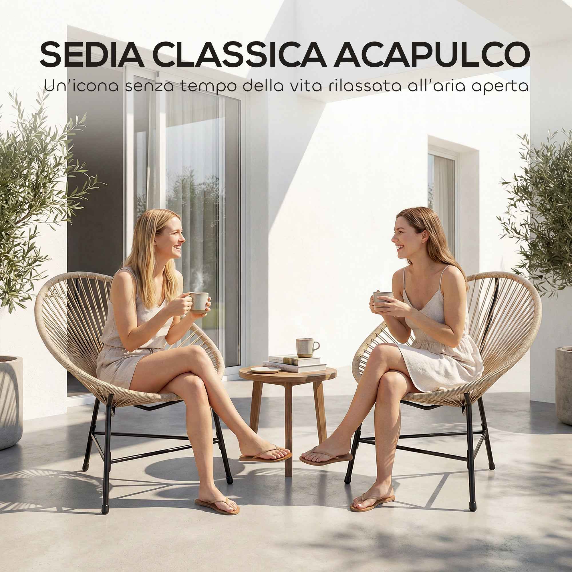 Outsunny Set of 2 Acapulco Chairs in PE Rattan with Triangular Steel Structure, 72x68x81 cm, Wood Color