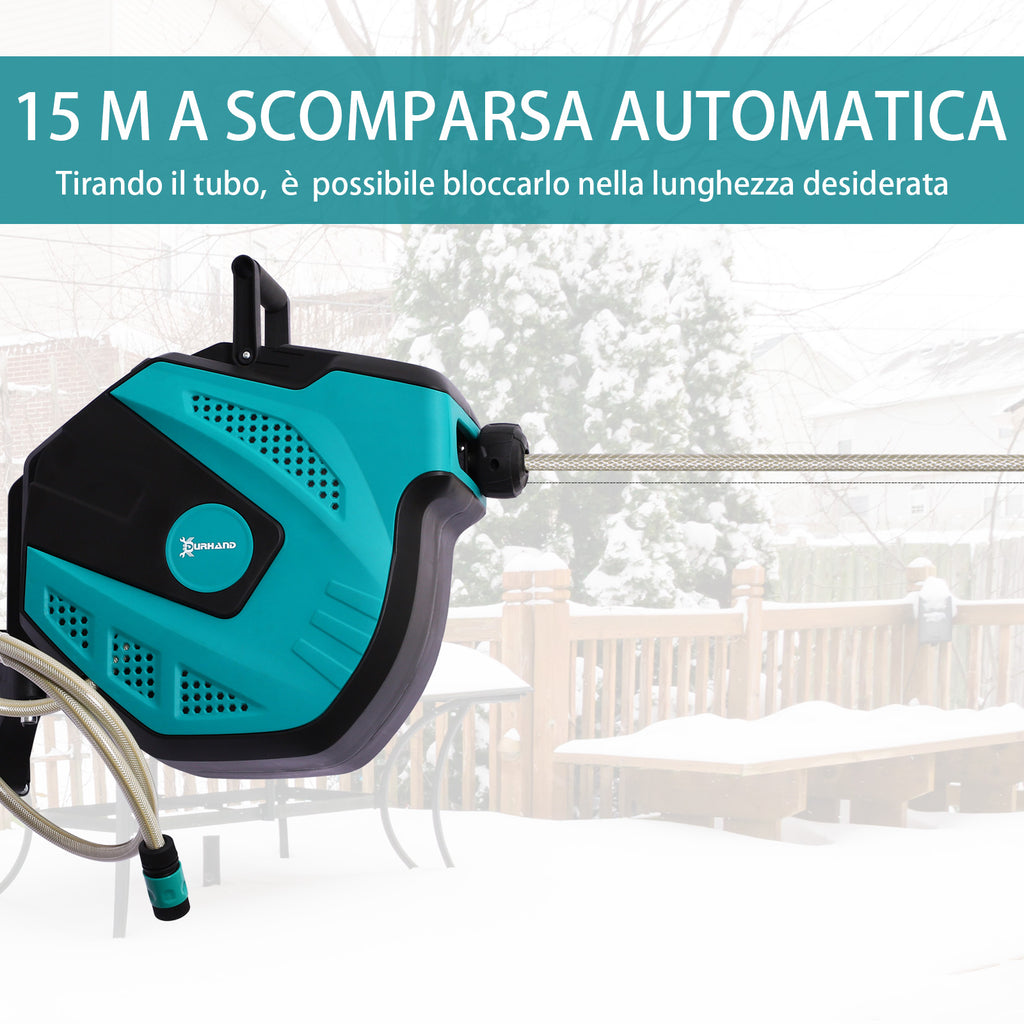 Automatic Wall-Mounted Hose Reel with 7 Watering Modes, Plastic, 44x22.5x41 cm, Black and Green