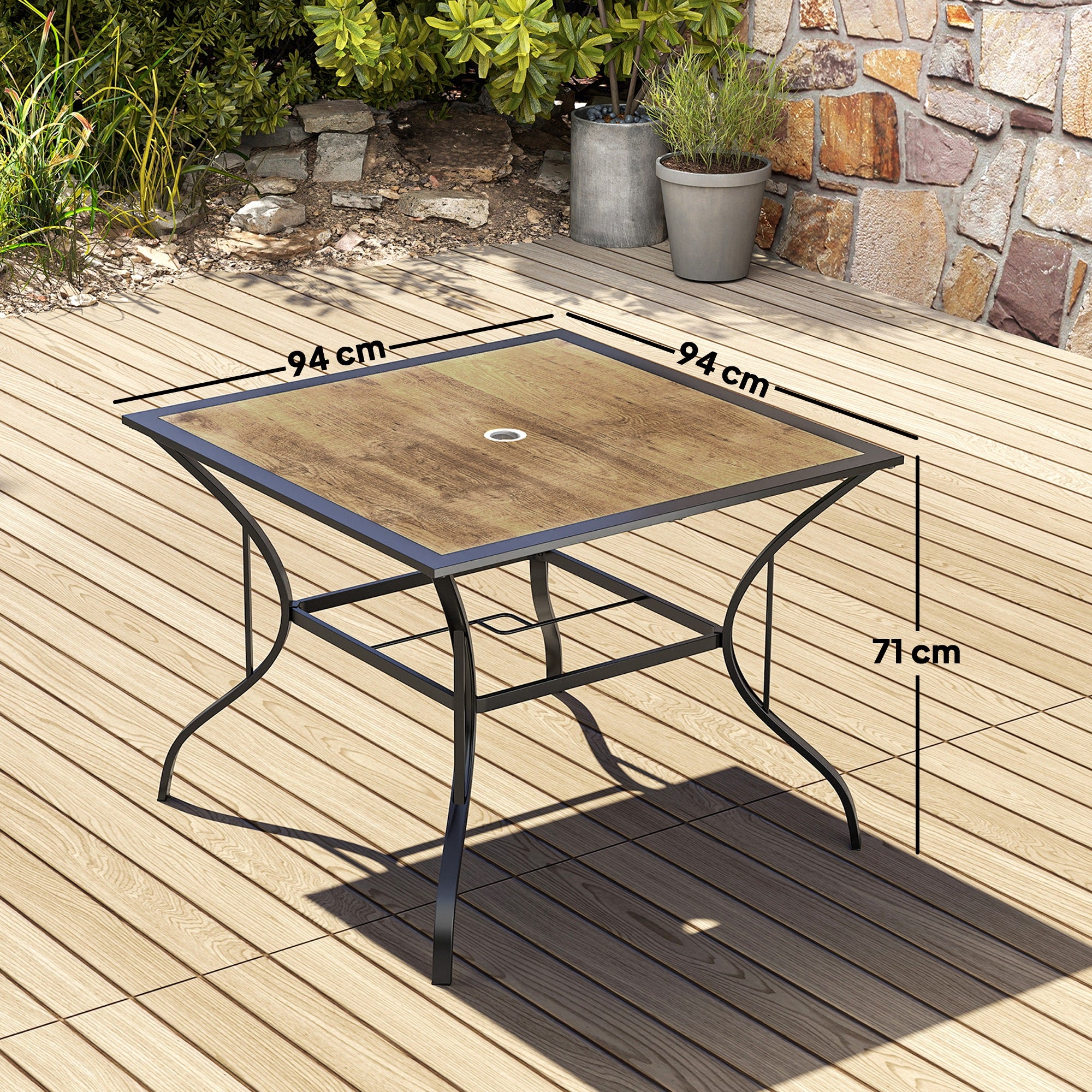 Brown Garden Table for 4 People with Central Umbrella Hole, 94L x 94D x 71H cm