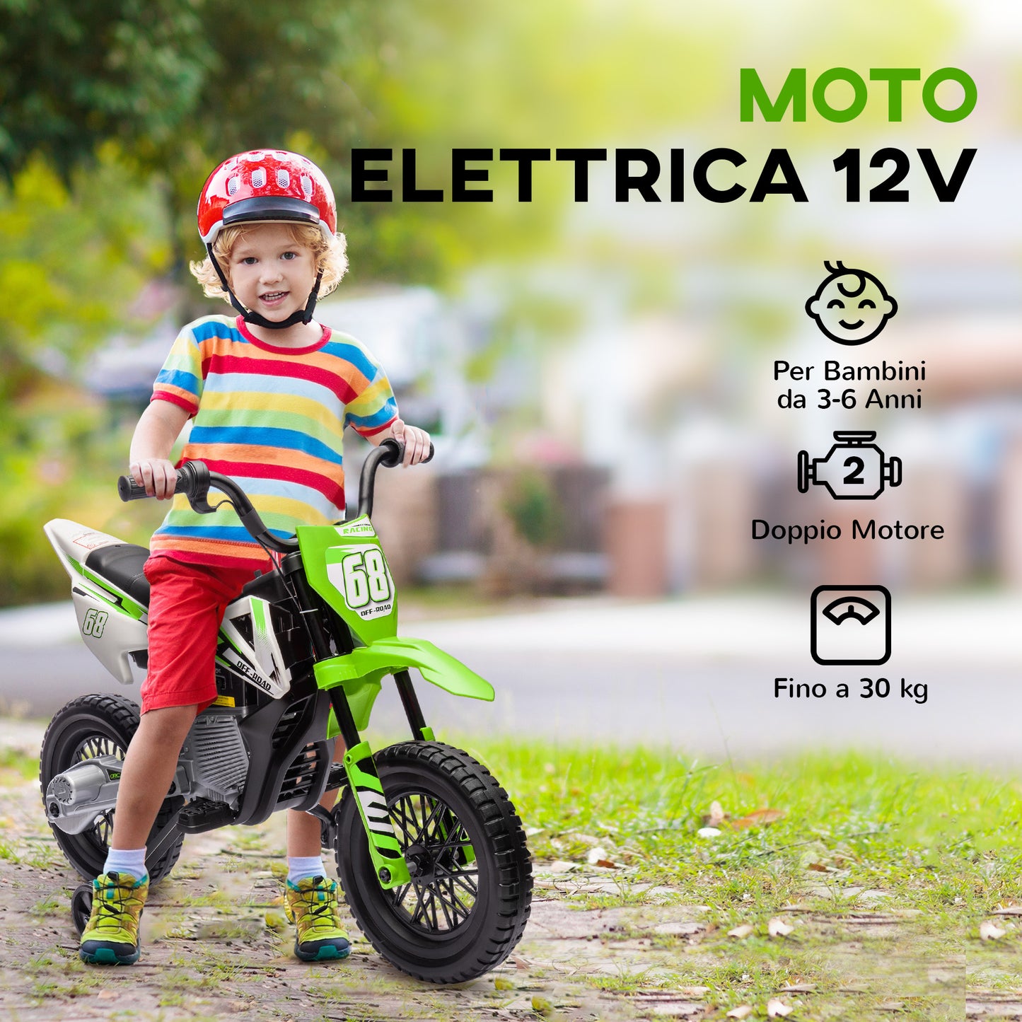 Children's Electric Motorcycle with Wheels and Charge Indicator, in PP and Metal, 107x56x70 cm, Green