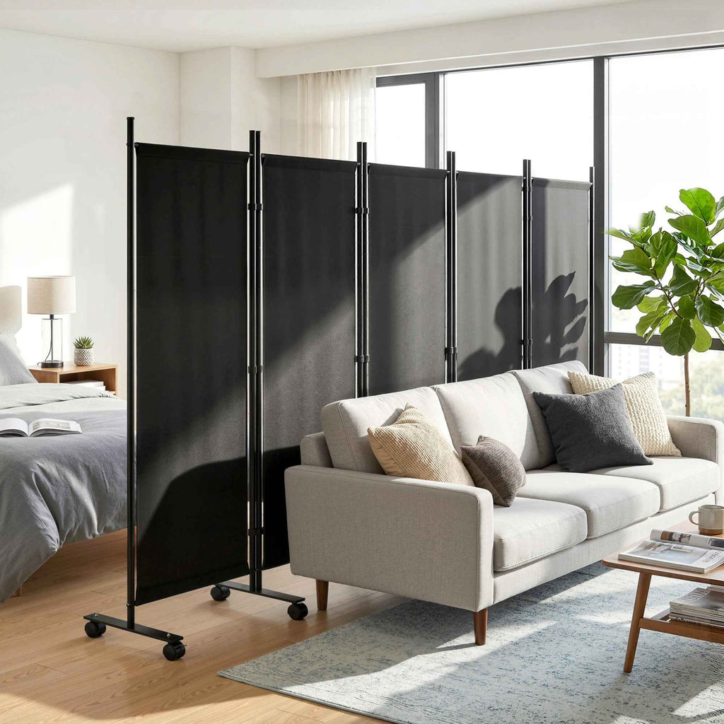 Outsunny 5-Panel Decorative Steel Room Divider with 12 Wheels and Connection Clips, Black
