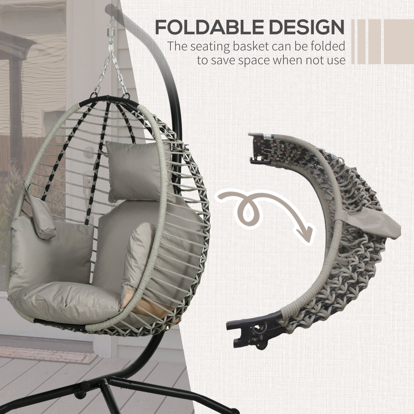 Rohan | Hanging Chair suspended with padded pillow, folding seat and steel and rope structure - Borgè