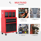 2-in-1 Tool Cart with Upper Drawer and Lower Cabinet, Metal, 61.6x33x108 cm, Red