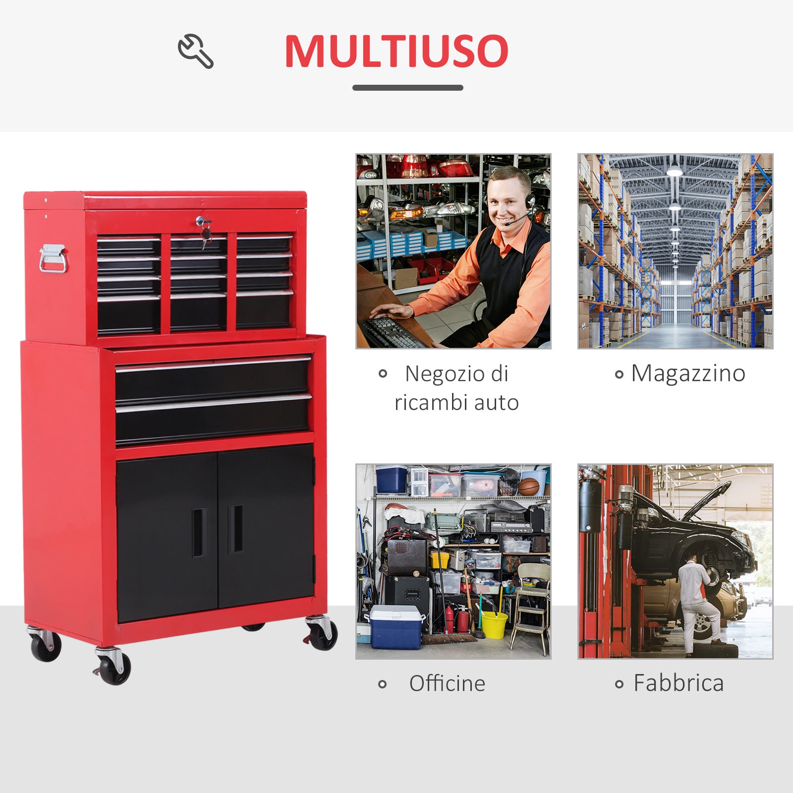 2-in-1 Tool Cart with Upper Drawer and Lower Cabinet, Metal, 61.6x33x108 cm, Red