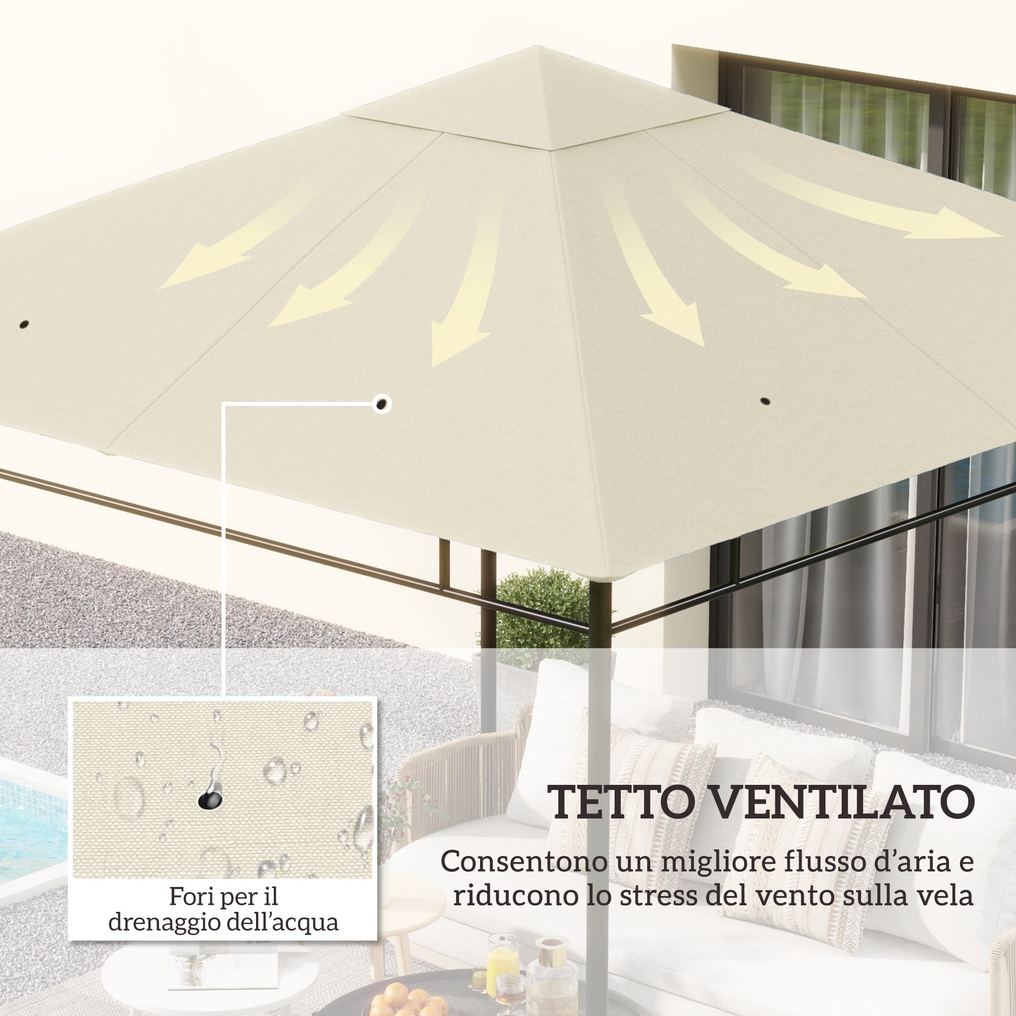 Outsunny 3x3m Polyester Gazebo Replacement Roof with Air Vents and Drainage Holes, Cream