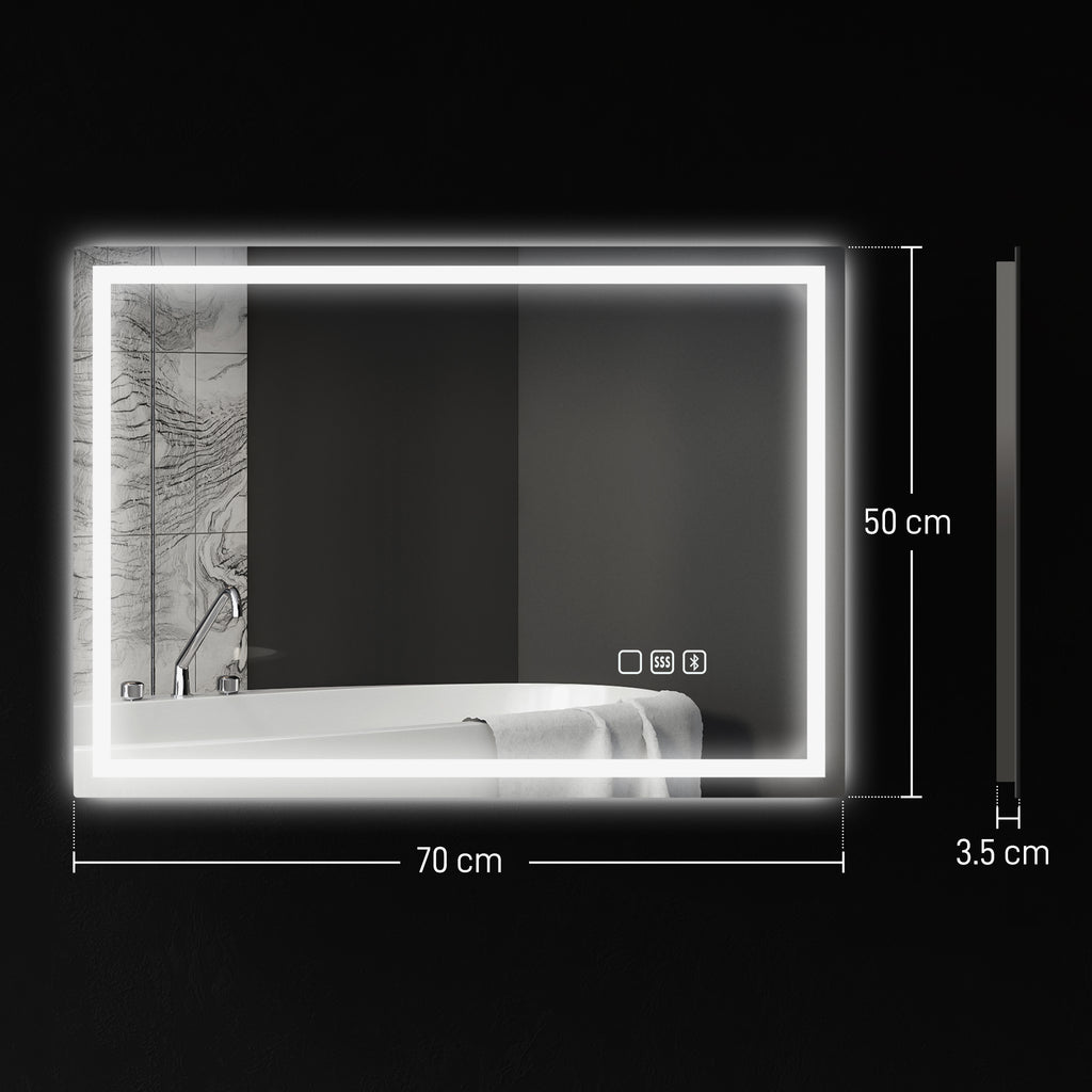 Anti-Fog Bathroom Mirror with Adjustable LED Light, Bluetooth Speaker, Touch Buttons, 50x70 cm