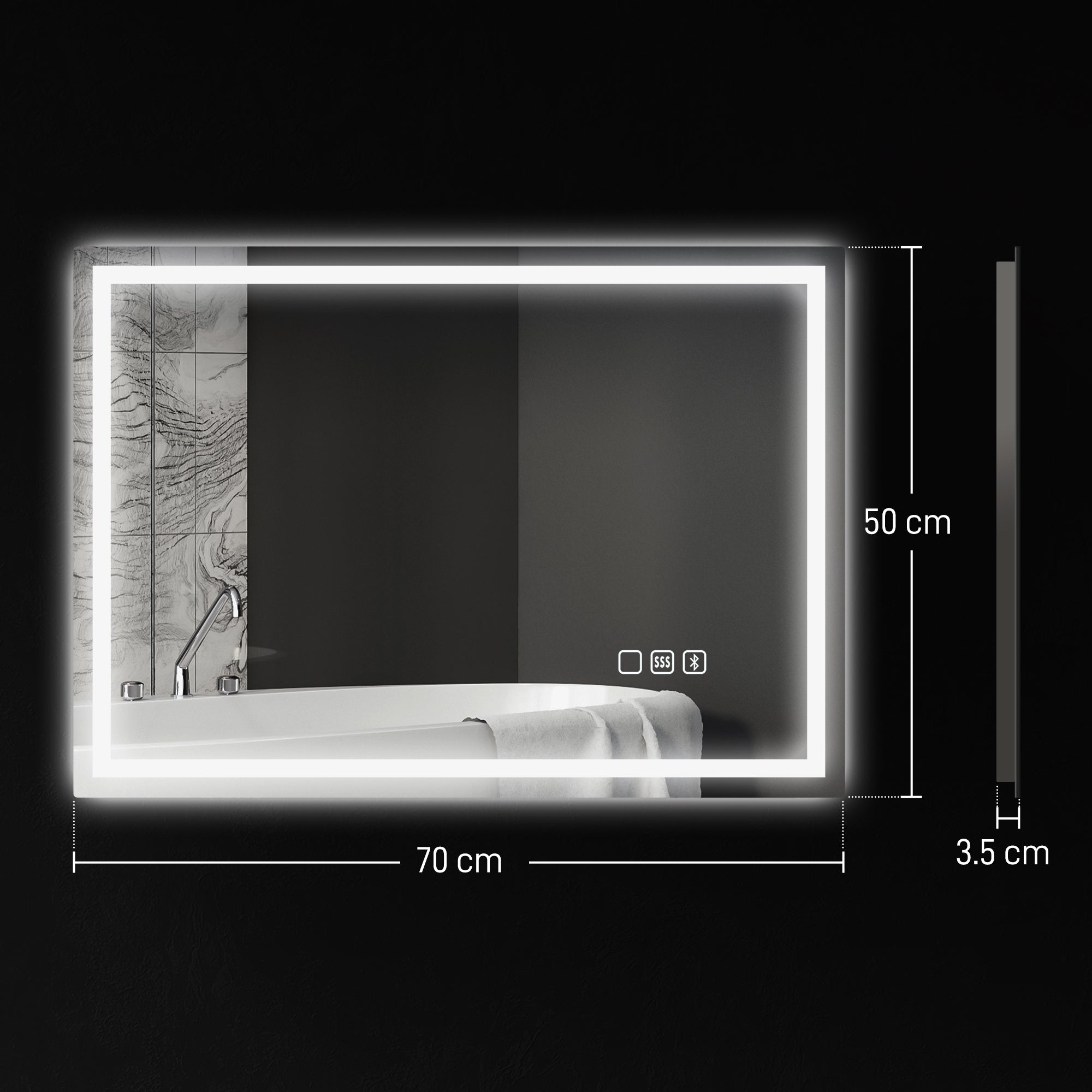 Anti-Fog Bathroom Mirror with Adjustable LED Light, Bluetooth Speaker, Touch Buttons, 50x70 cm