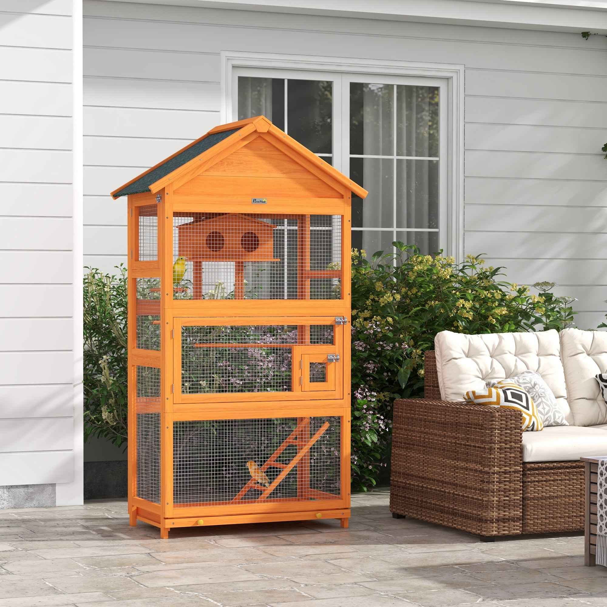 PawHut 3-Door Bird Aviary with House, Ladder and Tray, Made of Wood and Metal, 92x52x171 cm, Orange and Green