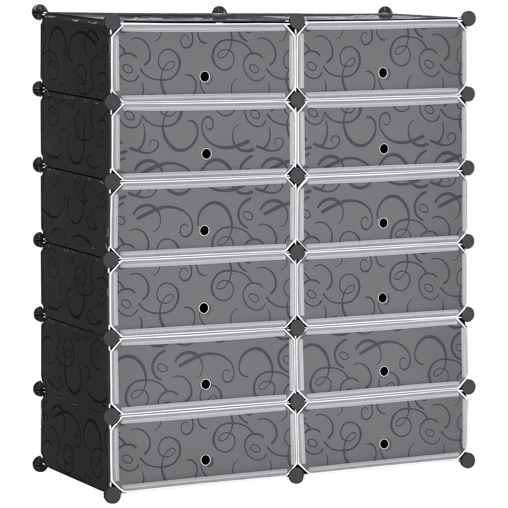 Space-Saving Modular Shoe Rack, 12 Cubes 45x35x16 cm in Steel and PP, Black and White
