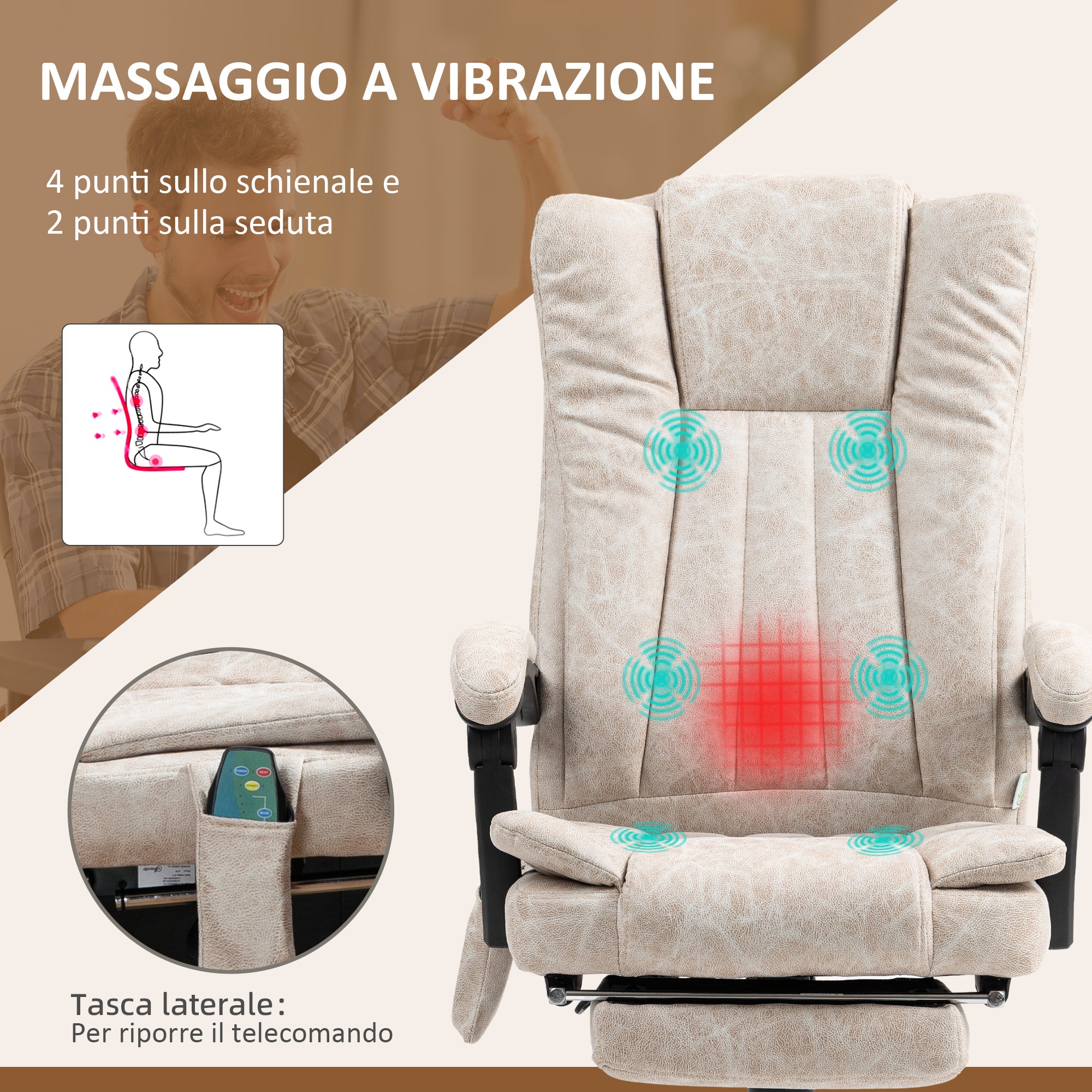 Massage and Heated Office Chair with Footrest, Microfiber, 62x70x113-120 cm, Cream