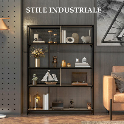 Industrial Book Shelf with 5 Levels with Metal Door, in Wood and Steel, 120x30x161 cm, Black and Gray