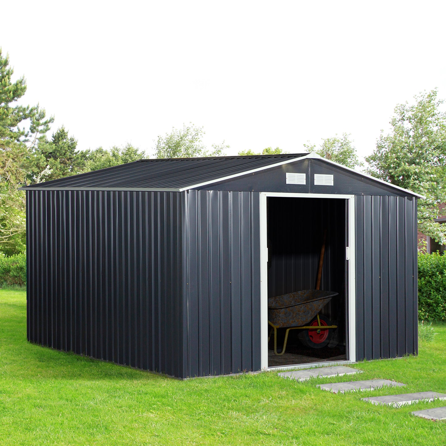 Garden House with 2 Sliding Doors and 4 Air Vents, Steel, 322x277x192 cm, Dark Grey - Borgè