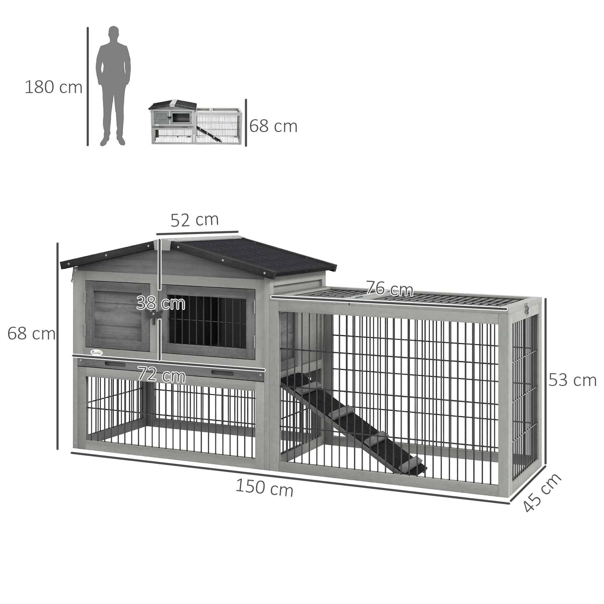 PawHut Outdoor Rabbit Hutch with Ramp, Opening Roof and Tray, Made of Fir Wood, 150x52x68 cm, Light Grey