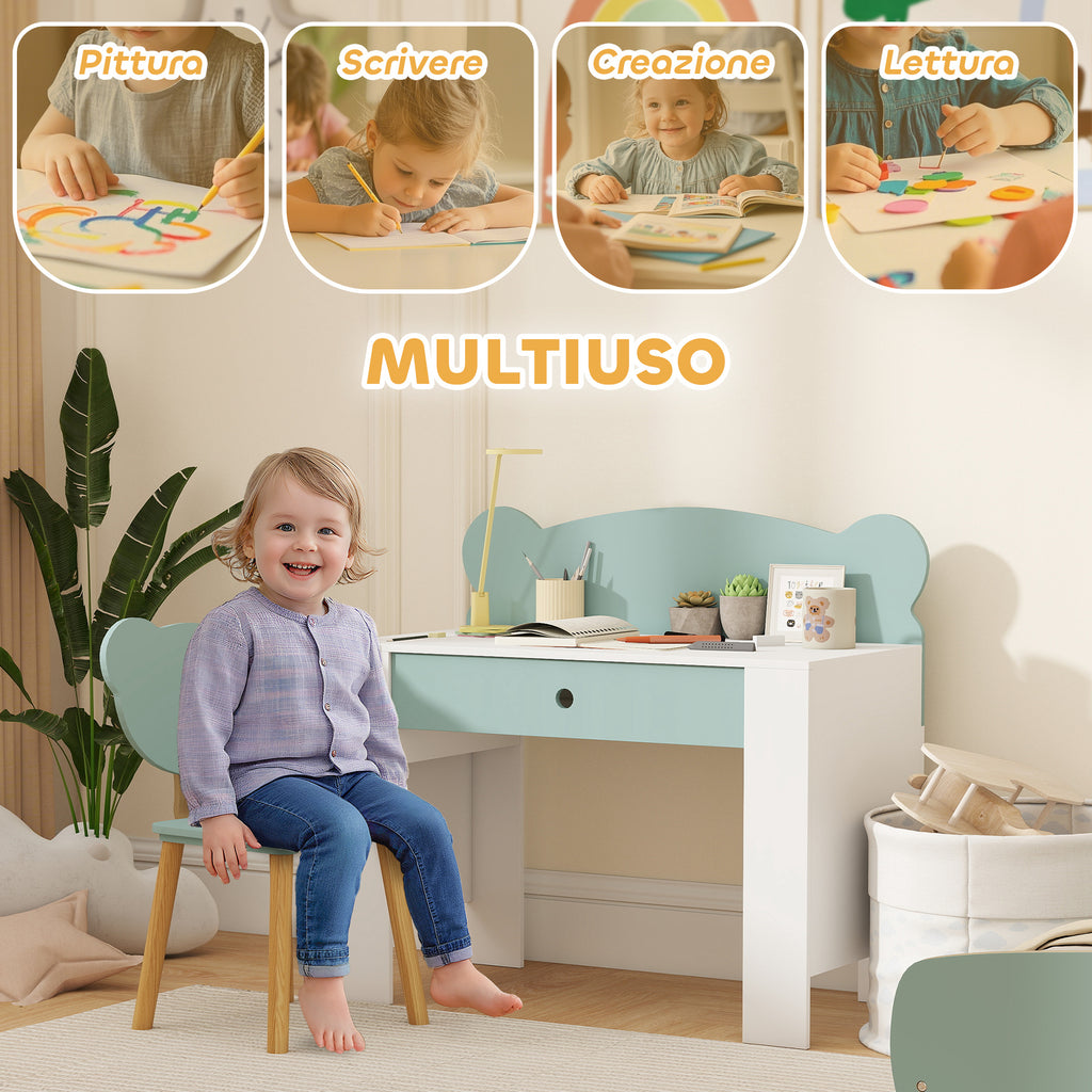 Children's Desk Set with Drawer and Chair with Bear Backrest, Ages 3-8 Years, Green